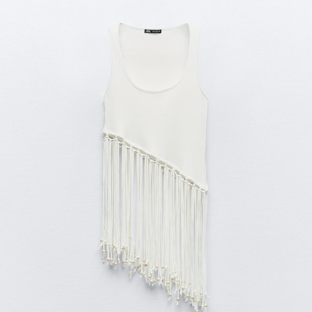 Zara Cream Asymmetrical Fringe Tank Top